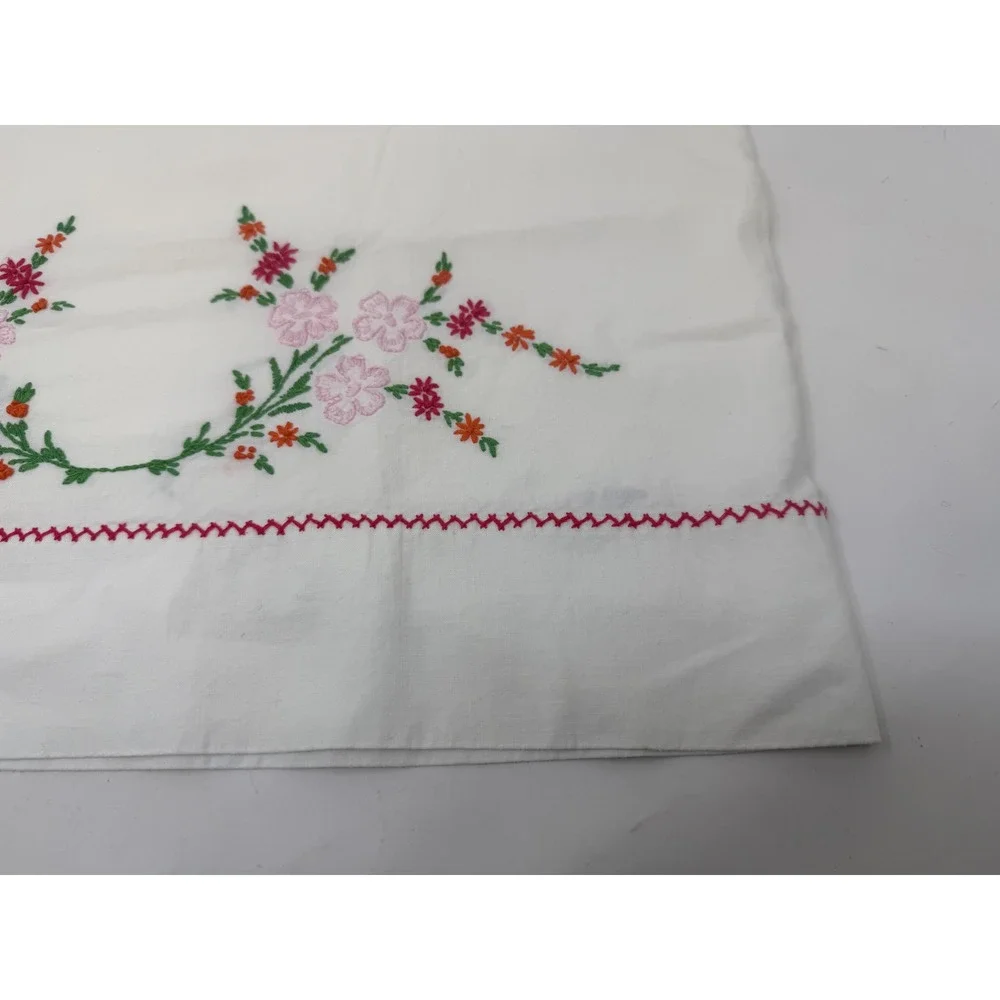 Vintage Penneys Nation-Wide Embroidered Floral Pillowcase White Pink Red Orange